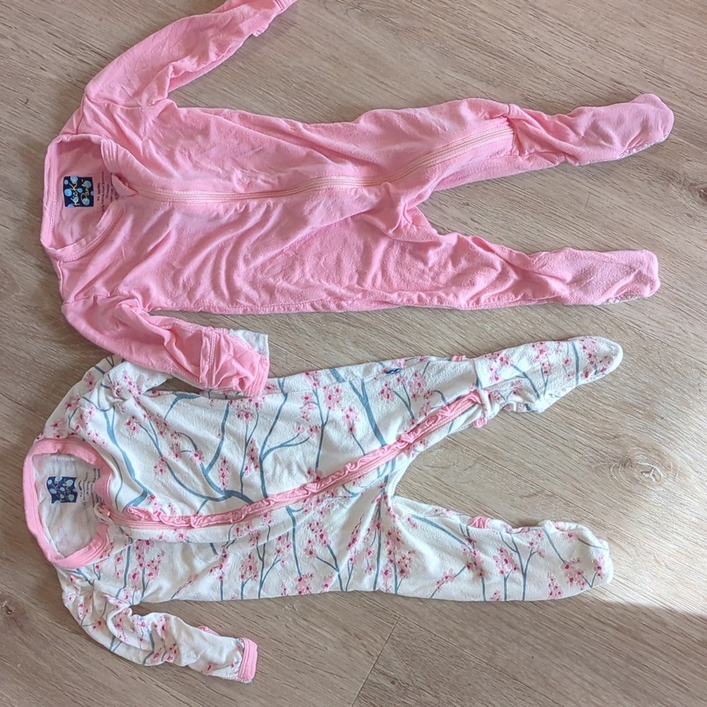 Two Kickee Onesies: Cherry Blossom and Pink Footies 0-3 Months